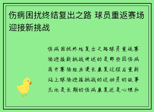 伤病困扰终结复出之路 球员重返赛场迎接新挑战