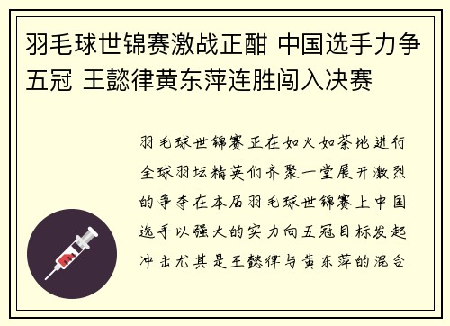 羽毛球世锦赛激战正酣 中国选手力争五冠 王懿律黄东萍连胜闯入决赛